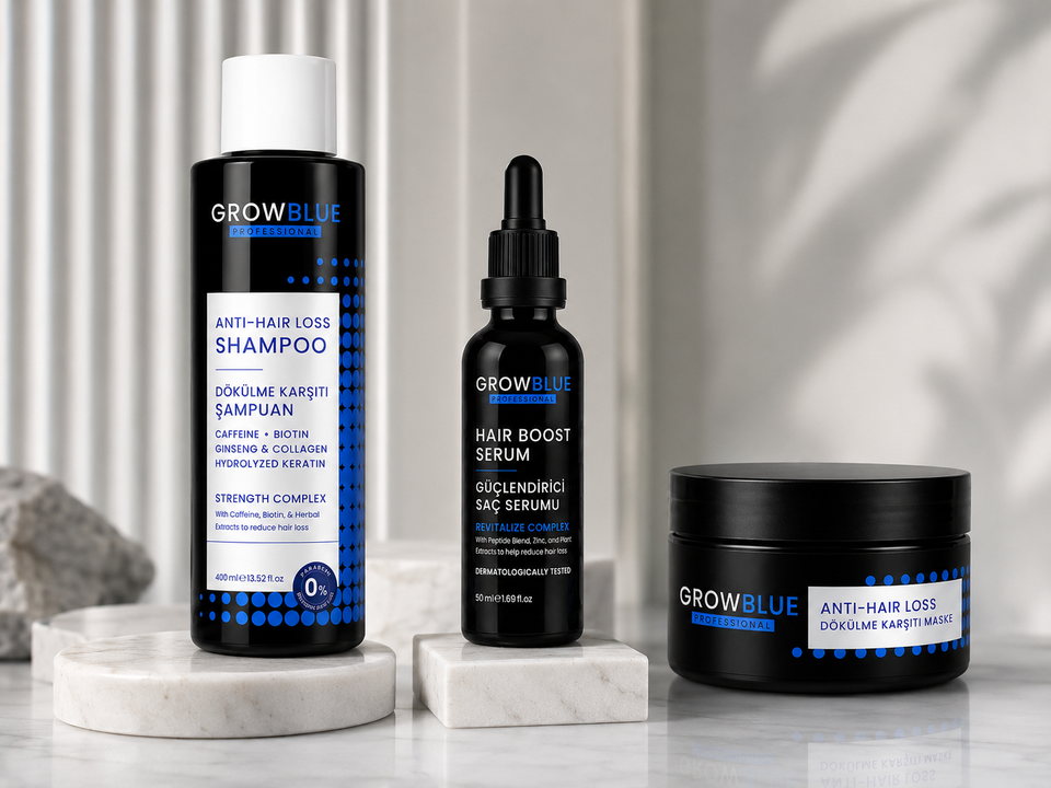 Growblue anti-hair-loss shampoo, hair boost serum and hair mask for men.