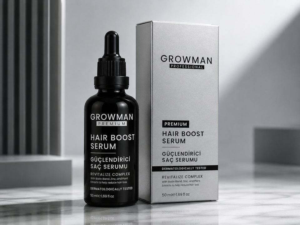 Growman Premium Hair Boost Serum bottle beside its silver carton.