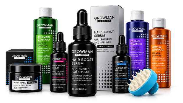 The Growman Professional export range — Rosemary, Korean and Keratin shampoos, Hair Boost Serums in Growman, Growpink and Growblue, a Moist Mask and a scalp brush.