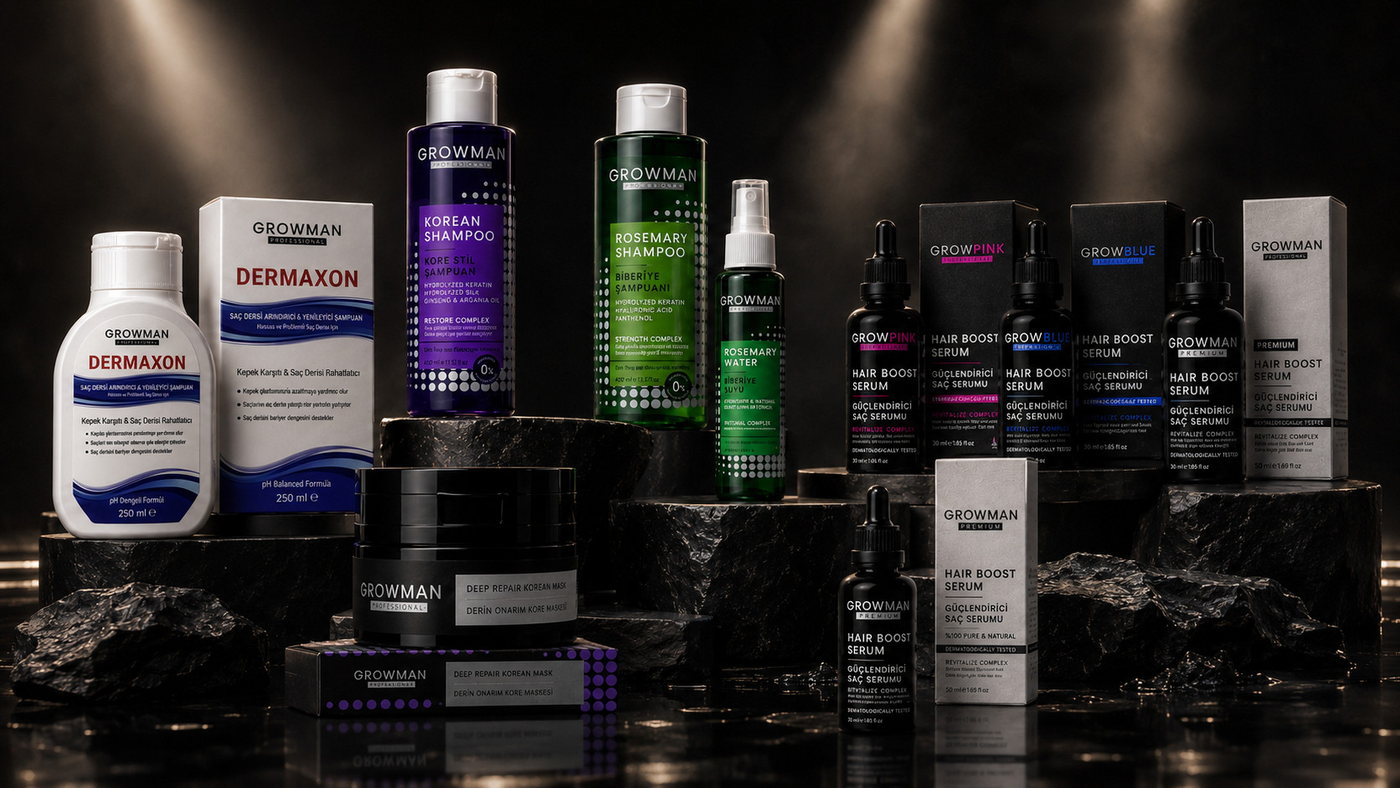The Growman range arranged on dark stone.