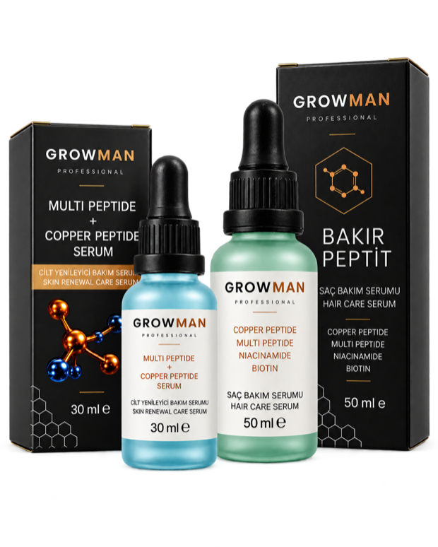 Growman 50 ml Copper Peptide Hair Care Serum and 30 ml Multi Peptide plus Copper Peptide Skin Renewal Care Serum with cartons.