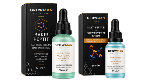 Growman Copper Peptide Hair Care Serum 50 ml and Multi Peptide plus Copper Peptide Skin Renewal Care Serum 30 ml with their black export cartons.